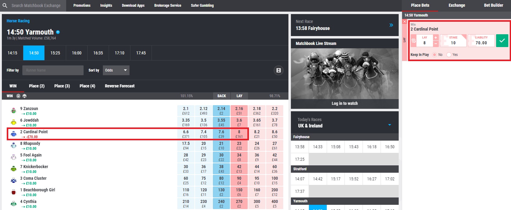 Matchbook screen of the 2.50pm horse race at Yarmouth with the lay option clicked on the horse cardinal point. This displays a betslip showing a lay bet at odds of 8, a £10 stake and a liability of £70)